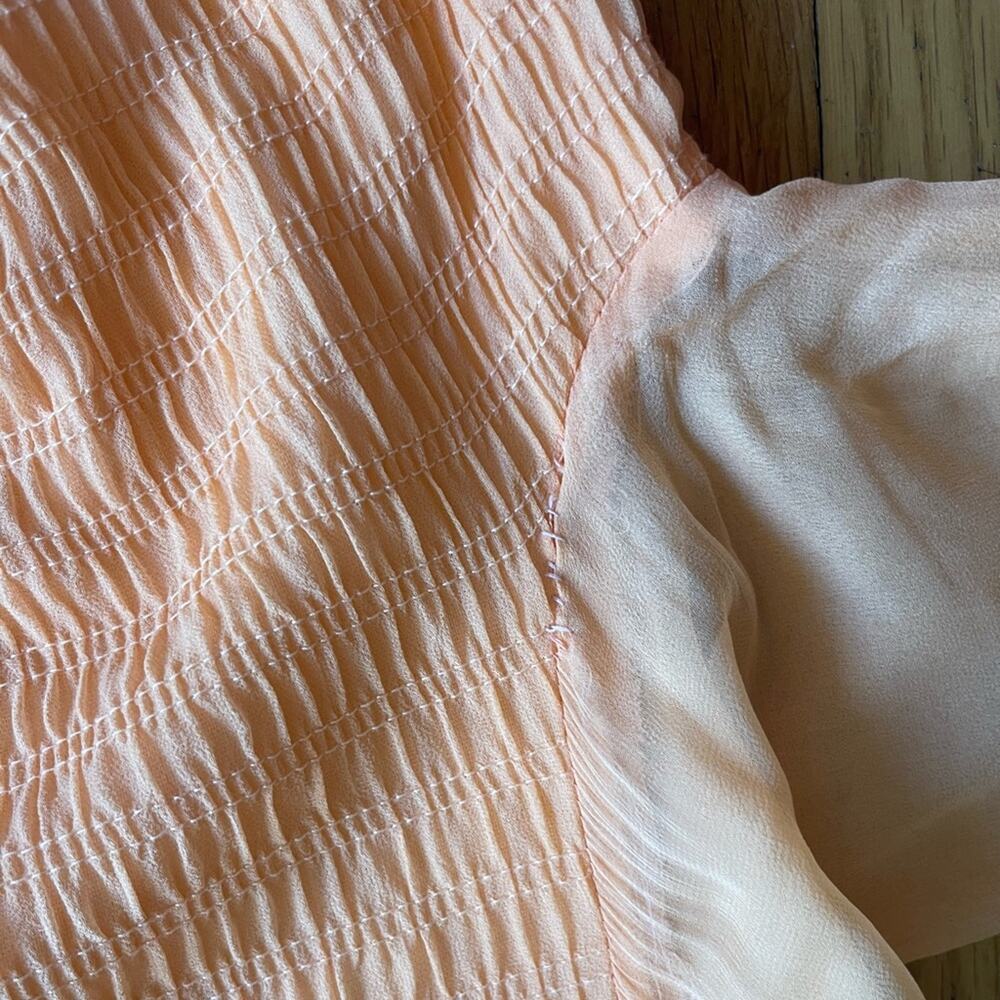 70s Vintage Shirred Bust Long Sleeve Peach Prom Dress - Picture 5 of 8